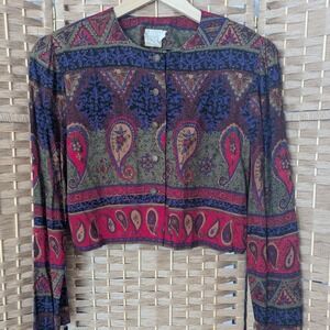 VTG 90's Moda International Paisley Print Cropped Button Up Blouse Long Sleeve